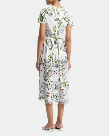 Oscar de la Renta Short-Sleeve Porcelain Flower Embroidered Midi Dress | Thumbnail 3 Oscar de la Renta Short-Sleeve Porcelain Flower Embroidered Midi Dress | Thumbnail 3
