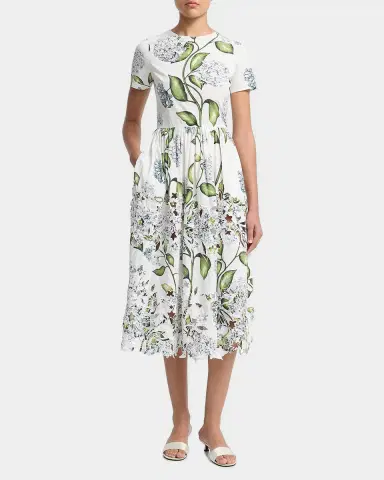 Oscar de la Renta Short-Sleeve Porcelain Flower Embroidered Midi Dress | Thumbnail 4 Oscar de la Renta Short-Sleeve Porcelain Flower Embroidered Midi Dress | Thumbnail 4
