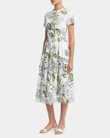 Oscar de la Renta Short-Sleeve Porcelain Flower Embroidered Midi Dress | Thumbnail 6 Oscar de la Renta Short-Sleeve Porcelain Flower Embroidered Midi Dress | Thumbnail 6