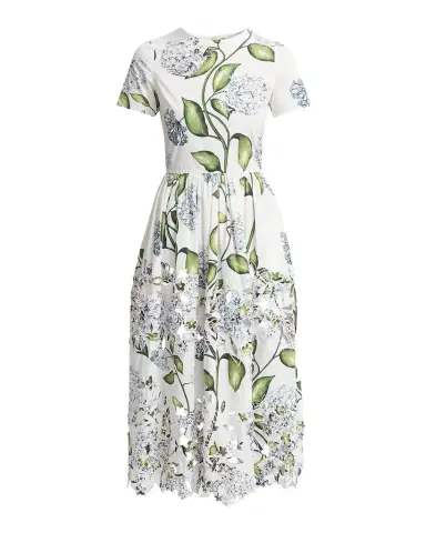 Oscar de la Renta Short-Sleeve Porcelain Flower Embroidered Midi Dress | Thumbnail 1 Oscar de la Renta Short-Sleeve Porcelain Flower Embroidered Midi Dress | Thumbnail 1