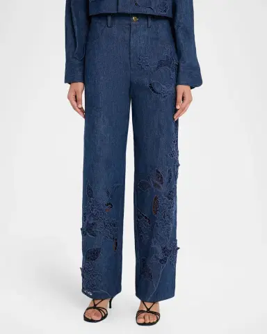 Oscar de la Renta Porcelain Flowers Embroidered Denim Straight-Leg Jeans | Thumbnail 3 Oscar de la Renta Porcelain Flowers Embroidered Denim Straight-Leg Jeans | Thumbnail 3