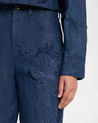 Oscar de la Renta Porcelain Flowers Embroidered Denim Straight-Leg Jeans | Thumbnail 4 Oscar de la Renta Porcelain Flowers Embroidered Denim Straight-Leg Jeans | Thumbnail 4