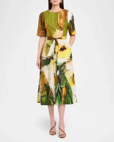 Rickie Freeman for Teri Jon Brushstroke-Print Cotton Midi Dress | Thumbnail 2 Rickie Freeman for Teri Jon Brushstroke-Print Cotton Midi Dress | Thumbnail 2