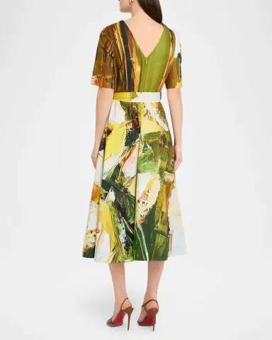 Rickie Freeman for Teri Jon Brushstroke-Print Cotton Midi Dress | Thumbnail 3 Rickie Freeman for Teri Jon Brushstroke-Print Cotton Midi Dress | Thumbnail 3