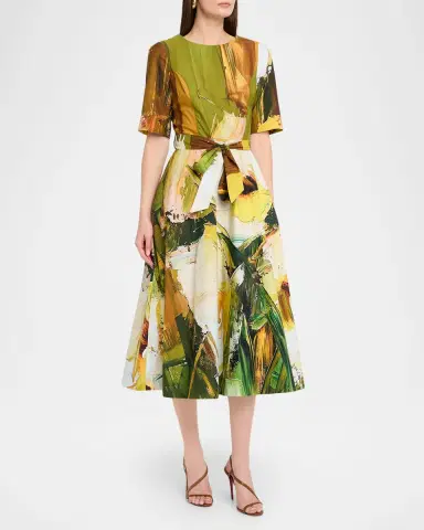 Rickie Freeman for Teri Jon Brushstroke-Print Cotton Midi Dress | Thumbnail 4 Rickie Freeman for Teri Jon Brushstroke-Print Cotton Midi Dress | Thumbnail 4