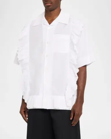 Simone Rocha Men's Ruffled Pillowcase-Trim Poplin Short-Sleeve Shirt | Thumbnail 3 Simone Rocha Men's Ruffled Pillowcase-Trim Poplin Short-Sleeve Shirt | Thumbnail 3