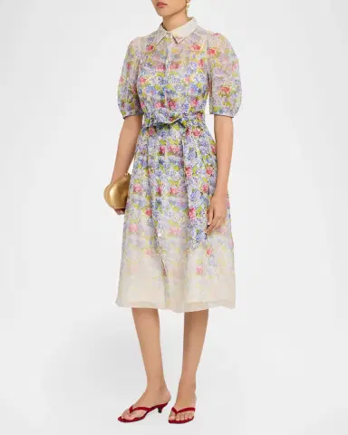 Rickie Freeman for Teri Jon Silk Linen Print Puff-Sleeve Shirtwaist Dress | Thumbnail 4 Rickie Freeman for Teri Jon Silk Linen Print Puff-Sleeve Shirtwaist Dress | Thumbnail 4