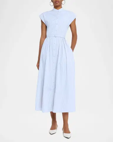 Adam Lippes Genevieve Striped Cotton Pleated Midi Shirtdress With Belt | Thumbnail 2 Adam Lippes Genevieve Striped Cotton Pleated Midi Shirtdress With Belt | Thumbnail 2