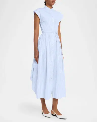 Adam Lippes Genevieve Striped Cotton Pleated Midi Shirtdress With Belt | Thumbnail 4 Adam Lippes Genevieve Striped Cotton Pleated Midi Shirtdress With Belt | Thumbnail 4