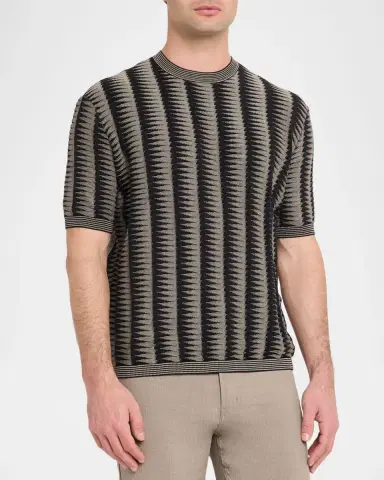 Emporio Armani Men 's Jagged Stripe Cotton Jacquard Short-Sleeve Sweater | Thumbnail 4 Emporio Armani Men 's Jagged Stripe Cotton Jacquard Short-Sleeve Sweater | Thumbnail 4