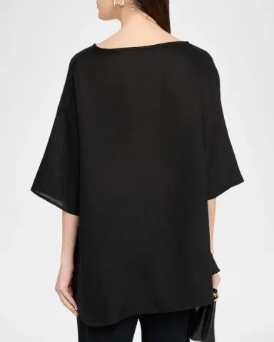 Eskandar Linen Sloped Shoulder Wide A-Line Scoop Neck Top - Mid Length | Thumbnail 3 Eskandar Linen Sloped Shoulder Wide A-Line Scoop Neck Top - Mid Length | Thumbnail 3