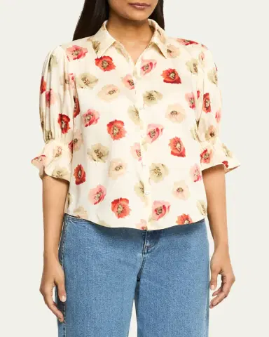Cinq à Sept Floating Poppies Puff-Sleeve Silk Shirt | Thumbnail 3 Cinq à Sept Floating Poppies Puff-Sleeve Silk Shirt | Thumbnail 3
