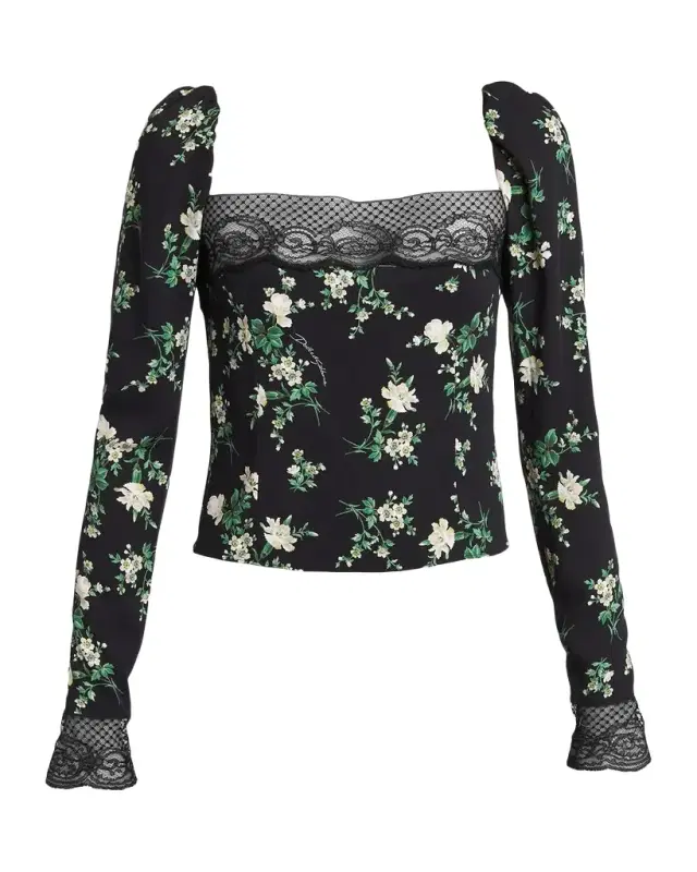 Lace-Trim Floral Silk Long-Sleeve Blouse Lace-Trim Floral Silk Long-Sleeve Blouse