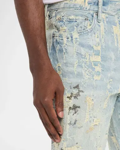 PURPLE Men's P018 Bead Splatter Destroyed Baggy Denim Jeans | Thumbnail 5 PURPLE Men's P018 Bead Splatter Destroyed Baggy Denim Jeans | Thumbnail 5