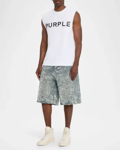 PURPLE Men's Textured-Logo Sleeveless Cotton T-Shirt | Thumbnail 2 PURPLE Men's Textured-Logo Sleeveless Cotton T-Shirt | Thumbnail 2