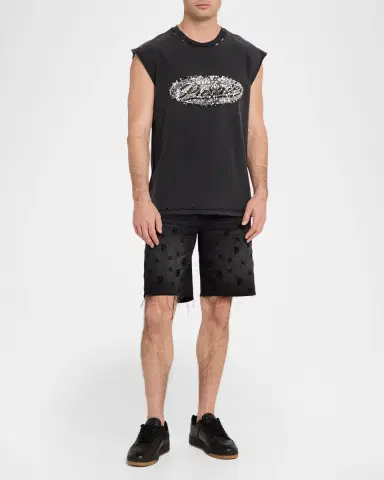 PURPLE Men's Sequin-Logo Distressed Cotton Tank Top | Thumbnail 2 PURPLE Men's Sequin-Logo Distressed Cotton Tank Top | Thumbnail 2