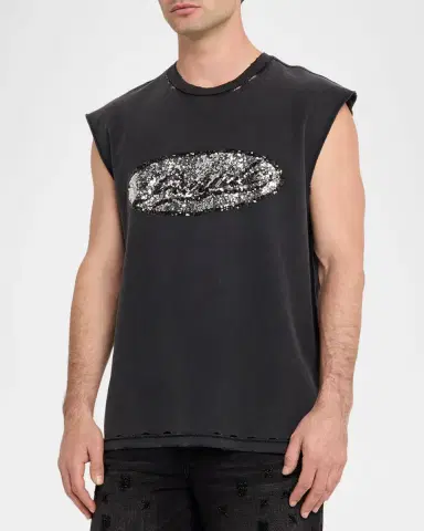 PURPLE Men's Sequin-Logo Distressed Cotton Tank Top | Thumbnail 4 PURPLE Men's Sequin-Logo Distressed Cotton Tank Top | Thumbnail 4