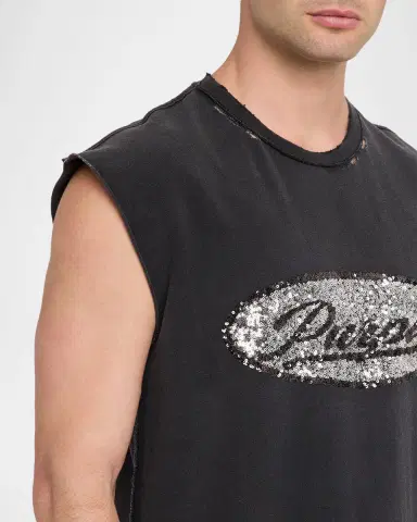 PURPLE Men's Sequin-Logo Distressed Cotton Tank Top | Thumbnail 5 PURPLE Men's Sequin-Logo Distressed Cotton Tank Top | Thumbnail 5