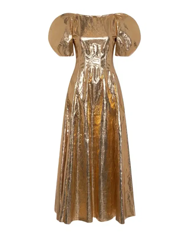 Ranya Metallic Linen Puff-Sleeve Maxi Dress Ranya Metallic Linen Puff-Sleeve Maxi Dress