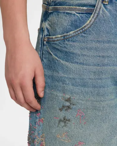 PURPLE Men 's Beaded Splatter Denim Shorts | Thumbnail 5 PURPLE Men 's Beaded Splatter Denim Shorts | Thumbnail 5