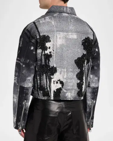 PURPLE Men's Beaded Palms Print Denim Jacket | Thumbnail 3 PURPLE Men's Beaded Palms Print Denim Jacket | Thumbnail 3