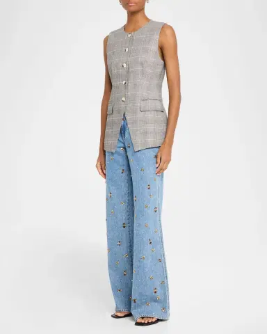 Veronica Beard Kasey Embellished Denim Mid-Rise Wide-Leg Jeans | Thumbnail 2 Veronica Beard Kasey Embellished Denim Mid-Rise Wide-Leg Jeans | Thumbnail 2