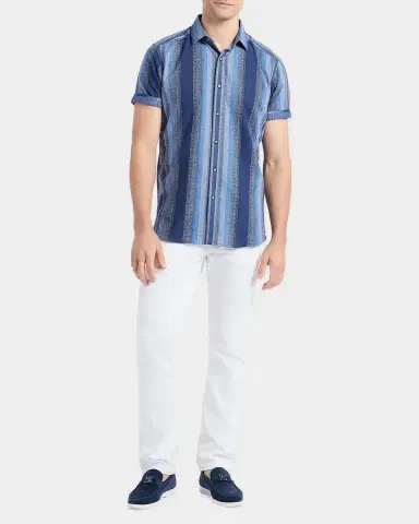 Robert Graham Men 's Pembroke Denim Stripe Short-Sleeve Shirt | Thumbnail 2 Robert Graham Men 's Pembroke Denim Stripe Short-Sleeve Shirt | Thumbnail 2