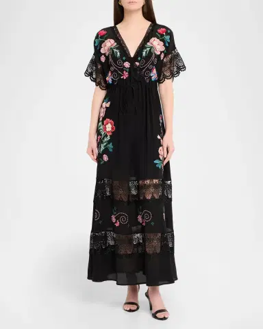 Johnny Was Amapola Embroidered Lace-Trim Maxi Dress | Thumbnail 2 Johnny Was Amapola Embroidered Lace-Trim Maxi Dress | Thumbnail 2