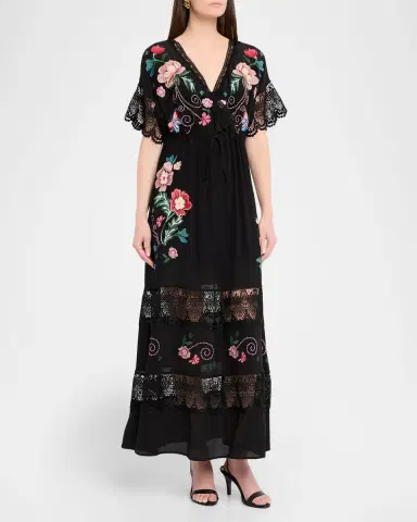 Johnny Was Amapola Embroidered Lace-Trim Maxi Dress | Thumbnail 4 Johnny Was Amapola Embroidered Lace-Trim Maxi Dress | Thumbnail 4