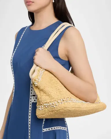 BTB Los Angeles Brandie Pearly-Trim Raffia Tote Bag | Thumbnail 2 BTB Los Angeles Brandie Pearly-Trim Raffia Tote Bag | Thumbnail 2