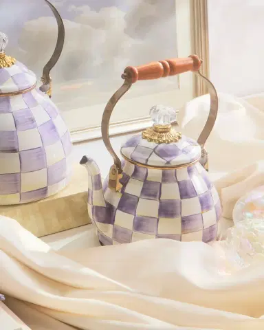MacKenzie-Childs Violet Check Enamel Tea Kettle, 2 Quarts | Thumbnail 2 MacKenzie-Childs Violet Check Enamel Tea Kettle, 2 Quarts | Thumbnail 2