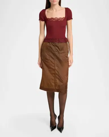 Saint Laurent Ribbed Silk Jersey Square-Neck Top with Lace-Trim | Thumbnail 2 Saint Laurent Ribbed Silk Jersey Square-Neck Top with Lace-Trim | Thumbnail 2
