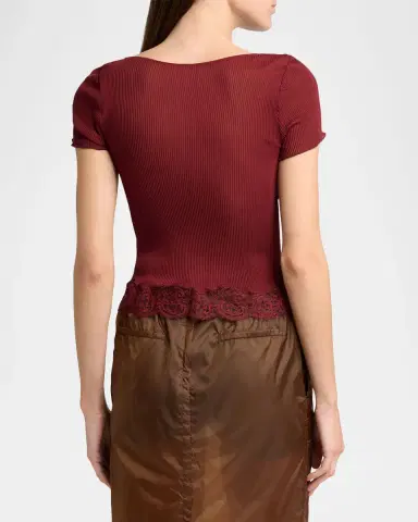 Saint Laurent Ribbed Silk Jersey Square-Neck Top with Lace-Trim | Thumbnail 3 Saint Laurent Ribbed Silk Jersey Square-Neck Top with Lace-Trim | Thumbnail 3