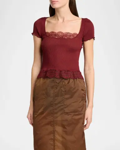 Saint Laurent Ribbed Silk Jersey Square-Neck Top with Lace-Trim | Thumbnail 4 Saint Laurent Ribbed Silk Jersey Square-Neck Top with Lace-Trim | Thumbnail 4