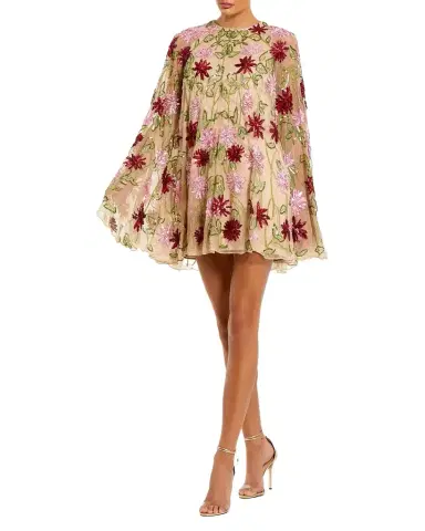 Mac Duggal Cocktail Embellished Floral Mesh Cape Minidress | Thumbnail 1 Mac Duggal Cocktail Embellished Floral Mesh Cape Minidress | Thumbnail 1