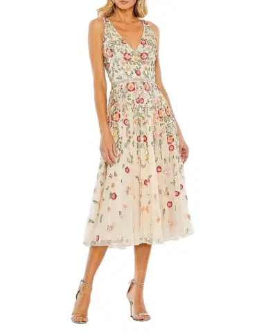 Mac Duggal Cocktail Floral Embroidered V-Neck Midi-Dress | Thumbnail 1 Mac Duggal Cocktail Floral Embroidered V-Neck Midi-Dress | Thumbnail 1