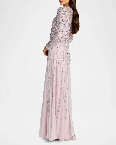 Mac Duggal Tulle Beaded Long-Sleeve A-Line Gown | Thumbnail 2 Mac Duggal Tulle Beaded Long-Sleeve A-Line Gown | Thumbnail 2