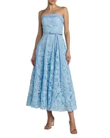 Mac Duggal Floral-Lace Crepe Strapless Midi-Dress | Thumbnail 1 Mac Duggal Floral-Lace Crepe Strapless Midi-Dress | Thumbnail 1