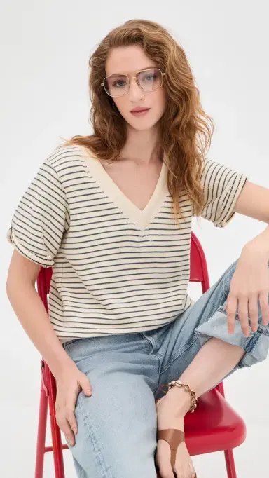perfectwhitetee French Terry Stripe V-neck Short Sleeve Sweatshirt Natural/Charcoal | Thumbnail 2 perfectwhitetee French Terry Stripe V-neck Short Sleeve Sweatshirt Natural/Charcoal | Thumbnail 2