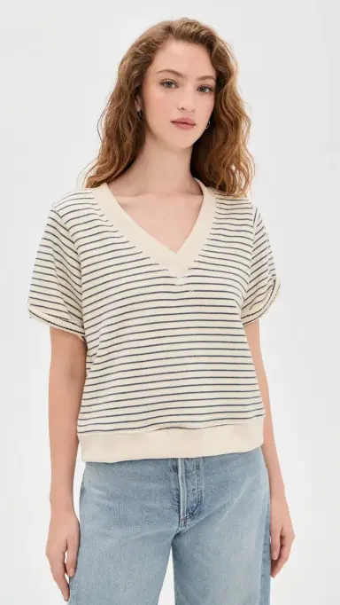 perfectwhitetee French Terry Stripe V-neck Short Sleeve Sweatshirt Natural/Charcoal | Thumbnail 3 perfectwhitetee French Terry Stripe V-neck Short Sleeve Sweatshirt Natural/Charcoal | Thumbnail 3