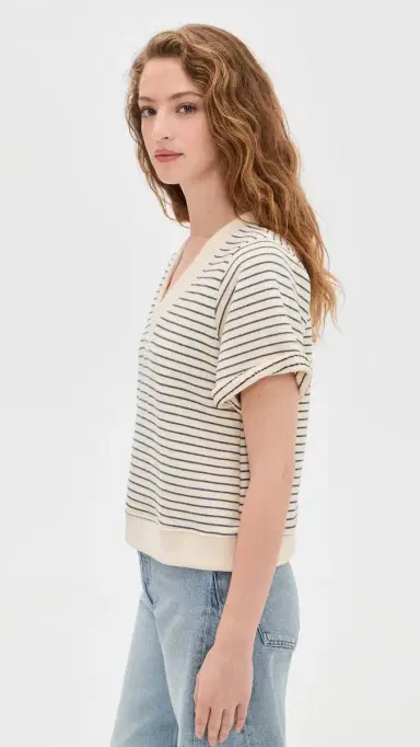 perfectwhitetee French Terry Stripe V-neck Short Sleeve Sweatshirt Natural/Charcoal | Thumbnail 5 perfectwhitetee French Terry Stripe V-neck Short Sleeve Sweatshirt Natural/Charcoal | Thumbnail 5