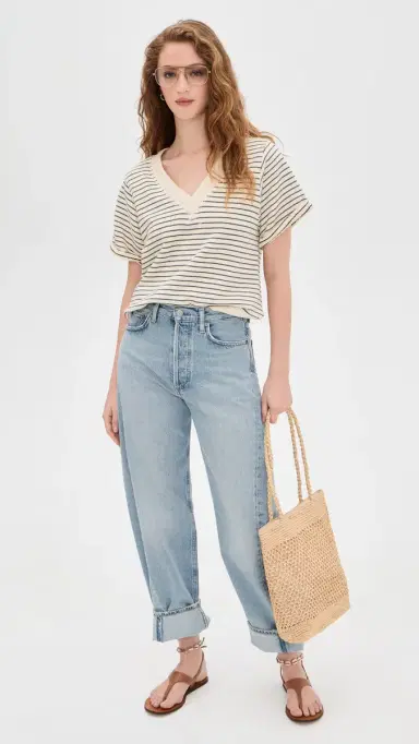 perfectwhitetee French Terry Stripe V-neck Short Sleeve Sweatshirt Natural/Charcoal | Thumbnail 6 perfectwhitetee French Terry Stripe V-neck Short Sleeve Sweatshirt Natural/Charcoal | Thumbnail 6