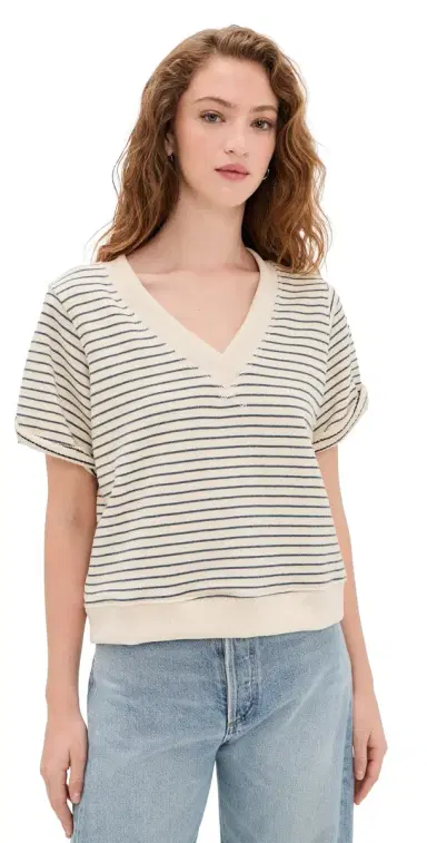 perfectwhitetee French Terry Stripe V-neck Short Sleeve Sweatshirt Natural/Charcoal | Thumbnail 1 perfectwhitetee French Terry Stripe V-neck Short Sleeve Sweatshirt Natural/Charcoal | Thumbnail 1