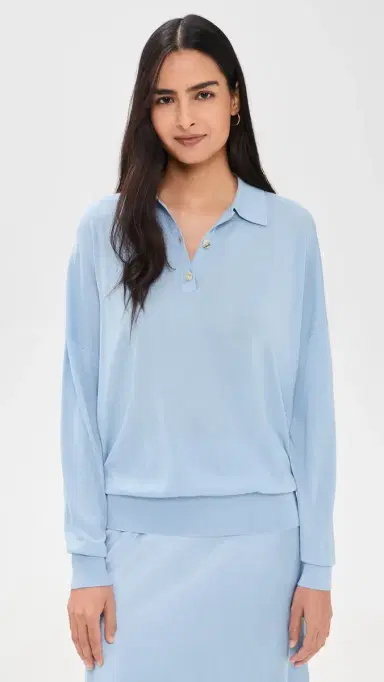 Renggli ilk Cashmere Boxy Long Sleeve Polo Azure | Thumbnail 2 Renggli ilk Cashmere Boxy Long Sleeve Polo Azure | Thumbnail 2