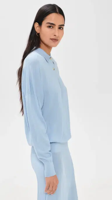 Renggli ilk Cashmere Boxy Long Sleeve Polo Azure | Thumbnail 4 Renggli ilk Cashmere Boxy Long Sleeve Polo Azure | Thumbnail 4