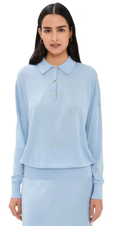 Renggli ilk Cashmere Boxy Long Sleeve Polo Azure | Thumbnail 1 Renggli ilk Cashmere Boxy Long Sleeve Polo Azure | Thumbnail 1