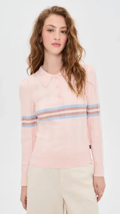 Rowing Blazers Knit Intarsia Stripe Long Sleeve Polo Pink | Thumbnail 2 Rowing Blazers Knit Intarsia Stripe Long Sleeve Polo Pink | Thumbnail 2