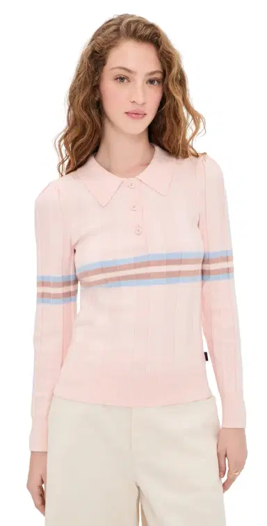 Rowing Blazers Knit Intarsia Stripe Long Sleeve Polo Pink | Thumbnail 1 Rowing Blazers Knit Intarsia Stripe Long Sleeve Polo Pink | Thumbnail 1