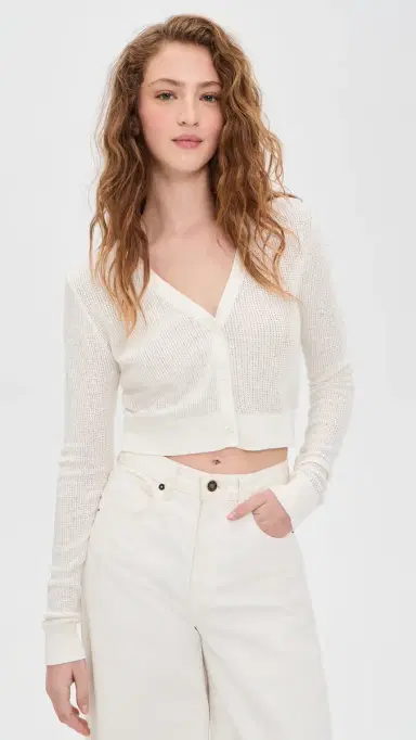 Enza Costa inen Open Knit Cropped V Neck Cardigan Off White | Thumbnail 2 Enza Costa inen Open Knit Cropped V Neck Cardigan Off White | Thumbnail 2