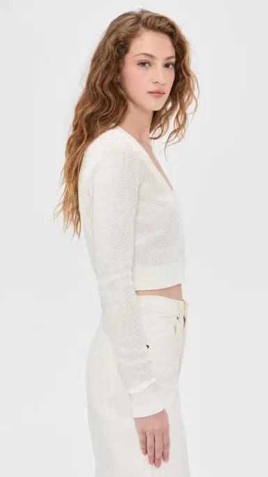 Enza Costa inen Open Knit Cropped V Neck Cardigan Off White | Thumbnail 4 Enza Costa inen Open Knit Cropped V Neck Cardigan Off White | Thumbnail 4